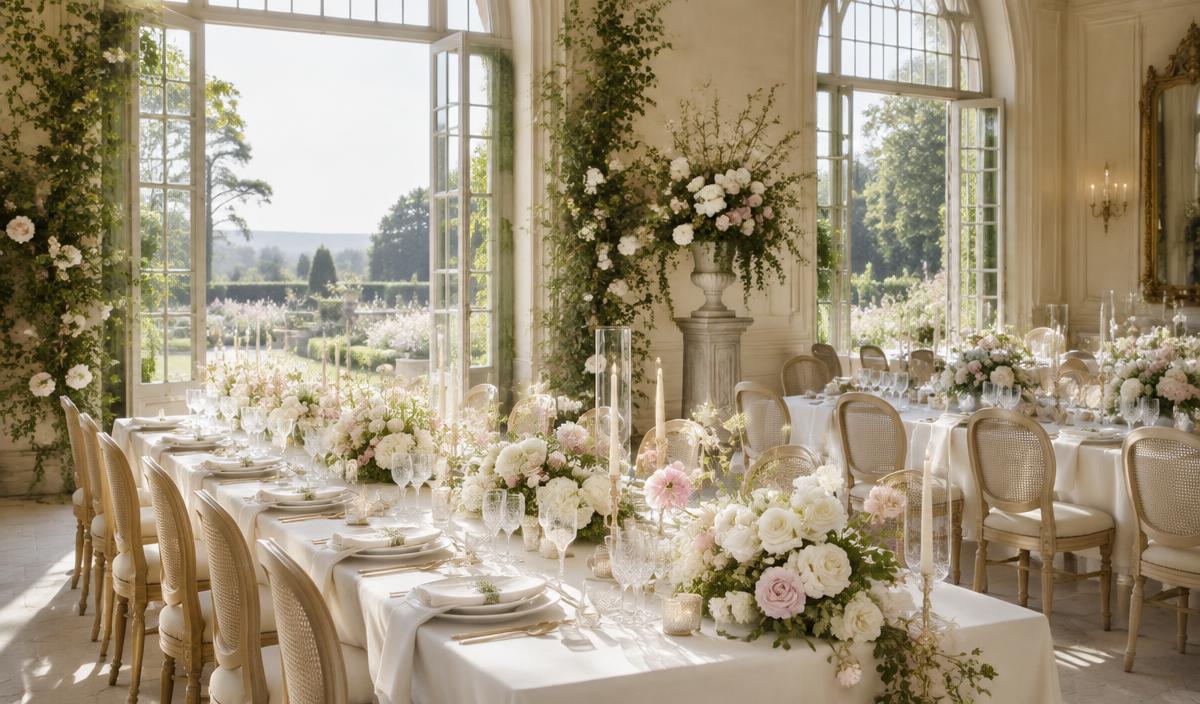 Sunlight falling over roses and beautifully laid wedding reception tables